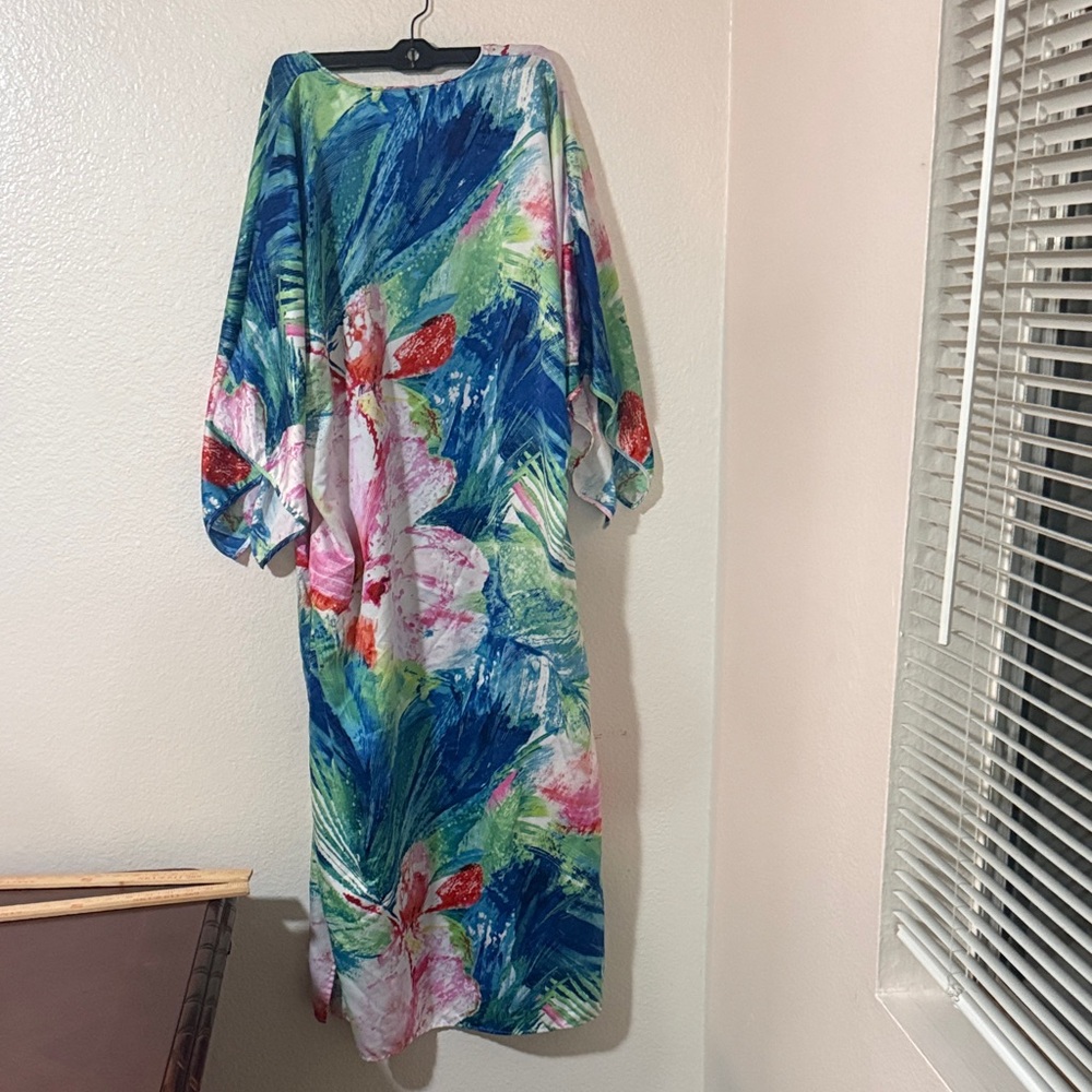 Natori Blue Floral Maxi kaftan pockets Dress private luxuries paradise palms M - Picture 7 of 9